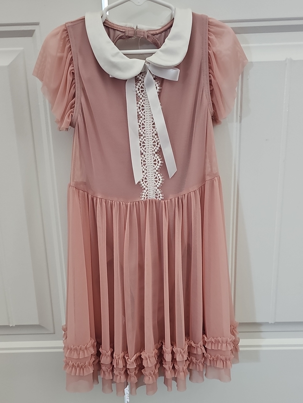 Girls' Blush Pink Lace-Trim Collar Dress